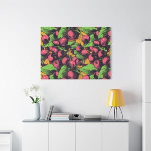 Lienzo mate con cerezas retro, decoración de pared colorida de estilo cómic, arte de pared con cerezas, acento de pared, cerezas vibrantes