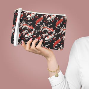 Japanese Koi Clutch Bag, Oriental Fish Handbag, Gift for Her, Cosmetic Purse, Women&#39;s Accessories, Wristlet Pouch