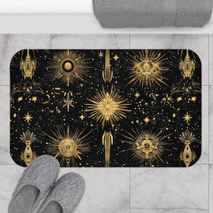 Cosmic Space Bath Mat, Black and Gold Bathroom Rug, Unique Design Shower Mat, Fun Decorative Floor Mat, Vibrant Space