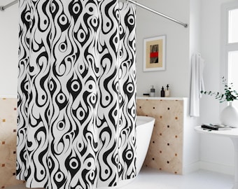 Cortina de ducha en blanco y negro, decoración de baño