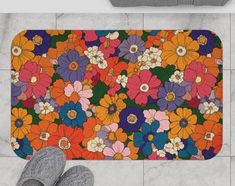 70's Floral Bath Mat, Soft Non-Slip Shower Mat