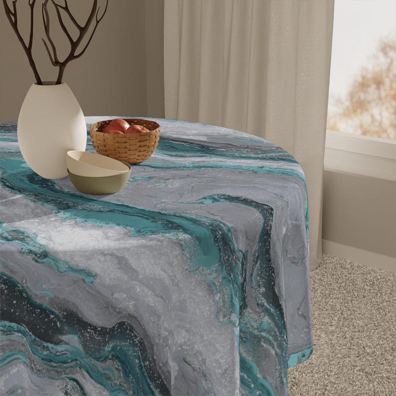 Gray and Teal Marble Tablecloth