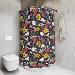 Skull and Roses Shower Curtain - 90&#39;s Style Bathroom Decor, Colorful Shower Accent, Unique Bathroom Curtain