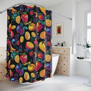 Psychedelic Mixed Fruits Shower Curtain | Retro Bathroom Decor, Unique Home Accessories, Trippy Bath Curtain, Artistic Home