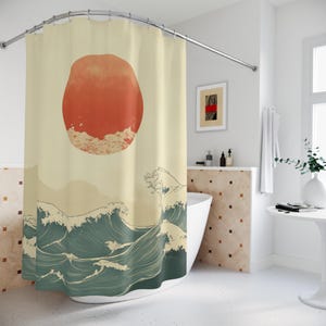 Rideau de douche océan et soleil de style japonais, décoration de salle de bain à imprimé asiatique, soleil et océan japonais, accessoires de maison uniques, rideau élégant