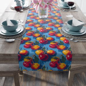 Painted Cherries Table Runner, Cherry Dining Decor, Fruit Kitchen Table Linens, Housewarming Gifts