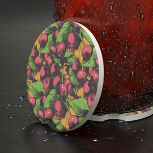Cherries Car Coaster, 2.6&quot; x 2.6&quot; Soapstone Cup Holder, Car Accessories, Car Decoration, Unique Car Gift