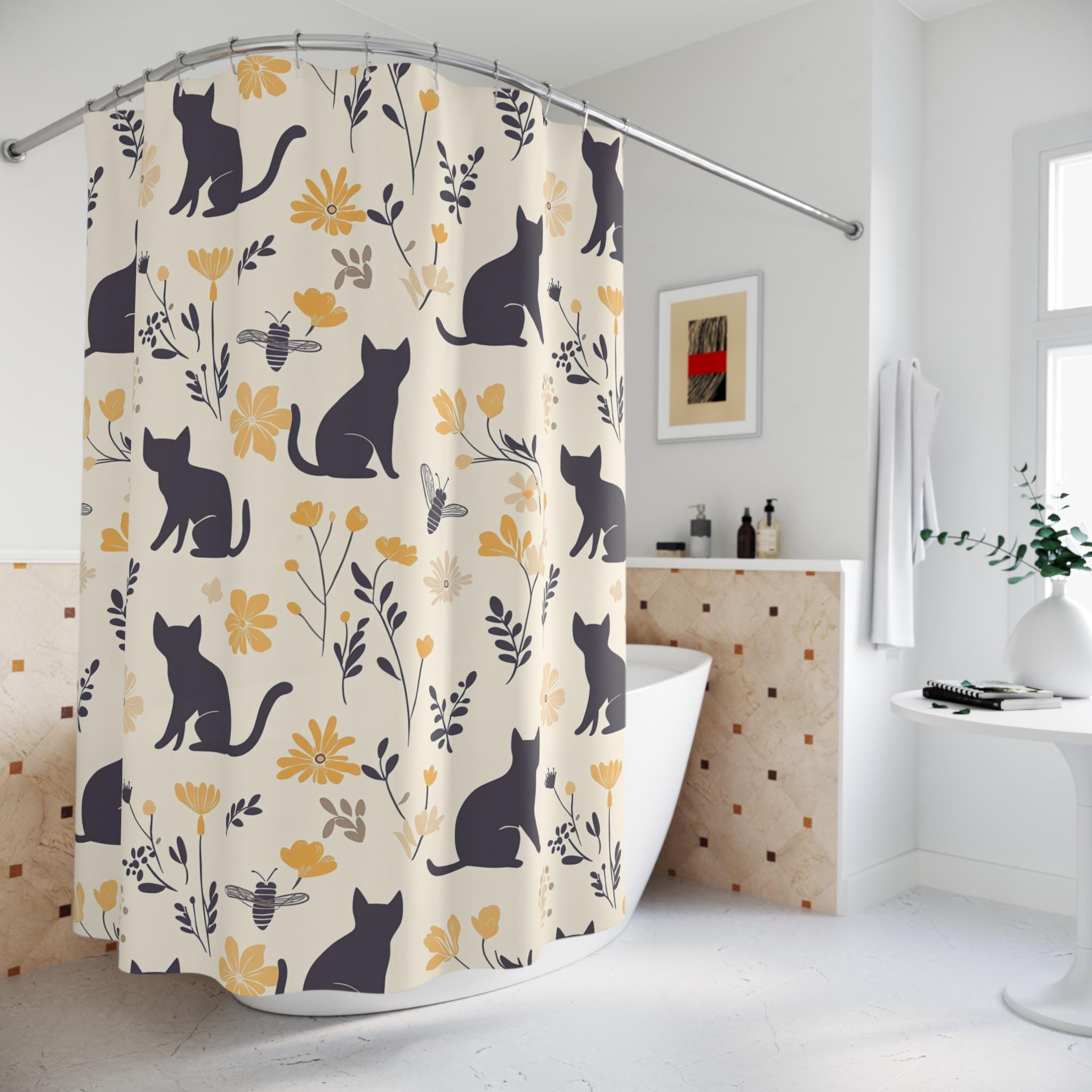 Cats and Bees Shower Curtain | Modern Bathroom Decor, Unique Home Accessories, Animal Bath Curtain, Artistic Home