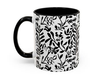 Black White Coffee Mug, Botanical Cup