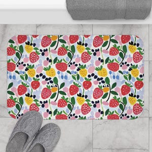 Strawberry Bath Mat - Fruit Bathroom Rug, Berries Mat, Red Fruit Decor, Housewarming Gift