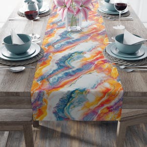 Rainbow Marble Table Runner, Colorful Dining Decor, Kitchen Table Linens, Housewarming Gifts
