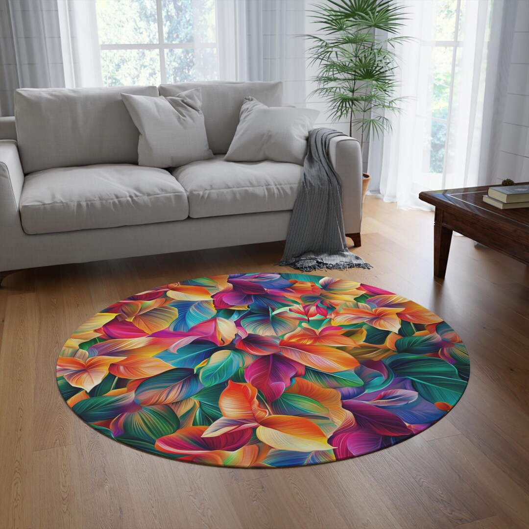Watercolor Leaves Round Rug, Circular Carpet, Unique Area Rug, Plants ...