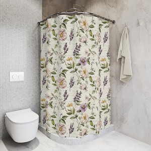 Cottage Core Floral Script Shower Curtain, Nature Lover Bathroom Decor, Vintage Flower Pattern Curtain, Housewarming Gift