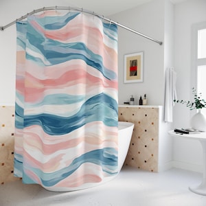 Tenda da doccia con onde oceaniche, decorazione per il bagno in stile spiaggia, casa costiera, tende da bagno a tema marino, arte acquatica pastello, regalo per la casa estiva