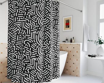 Black and White Shower Curtain, Monochrome Bathroom Decor