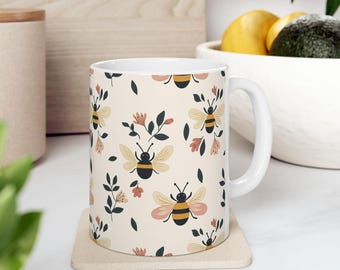 Taza de cerámica con diseño de abejas, estilo bohemio