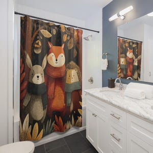Woodland Animals Shower Curtain, Whimsical Bathroom Decor, Shower Curtain, Bath Curtain, Housewarming Gift