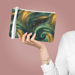 Bolso de mano verde y dorado, bolso cósmico, regalo para ella, monedero para cosméticos, accesorios para mujer, bolso de mano