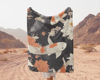 Japanese Koi Plush Blanket, Asian Throw