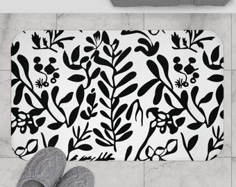 Black White Floral Modern Art Bath Mat Microfiber Flower Rug Black