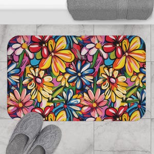 Graffiti Flower Bath Mat Rug - Floral Bathroom Decor, Non-Slip Shower Mat, Unique Home Accessories, Colorful Water Absorbent Floor Mat