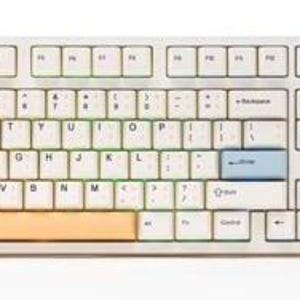 May include: A white mechanical keyboard with a light orange and blue colour scheme. The keyboard has a number pad on the right side and a row of function keys at the top. The keys have a rainbow-coloured pattern.