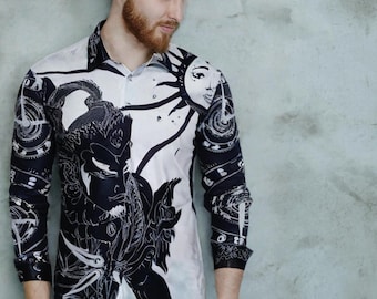 Hand-Drawn Gatotkaca Batik Shirt: Satin Silk Art, Indonesian Design