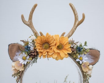 Yellow  Flower Costume Holiday Winter Deer Fawn Antler Flower Headband - Boho - Green - Gold Accents  Nature - Party - Cosplay - Costume