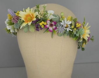 Colorful Wildflower flower crown, Bridal Daisy Halo, Flower Girl Hair wreath, Meadow Fairy Halo, Woodland Crown, Adult Child Photo Prop