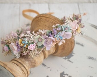 Spring Dried Halo Flower Crown - Dried Naturals - Pastel Rainbow Colors - Baby's Breath - Rainbow Baby - Gold - Wedding Flower Girl - Boho
