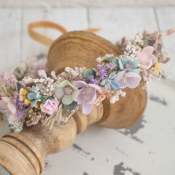 Spring Dried Halo Flower Crown - Dried Naturals - Pastel Rainbow Colors - Baby's Breath - Rainbow Baby - Gold - Wedding Flower Girl - Boho