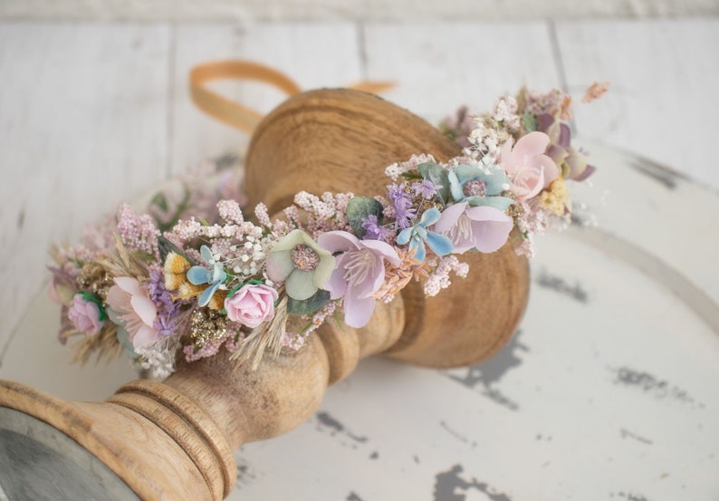 Spring Dried Halo Flower Crown Dried Naturals Pastel Rainbow Colors Baby's Breath Rainbow Baby Gold Wedding Flower Girl Boho image 1
