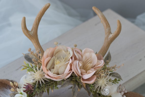 Antler Headband, Pink & Gold Flower Headband, Deer Costume  display picture 2