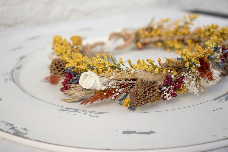 Fall Dried Halo Flower Crown Dried Naturals Mustard Blue Etsy