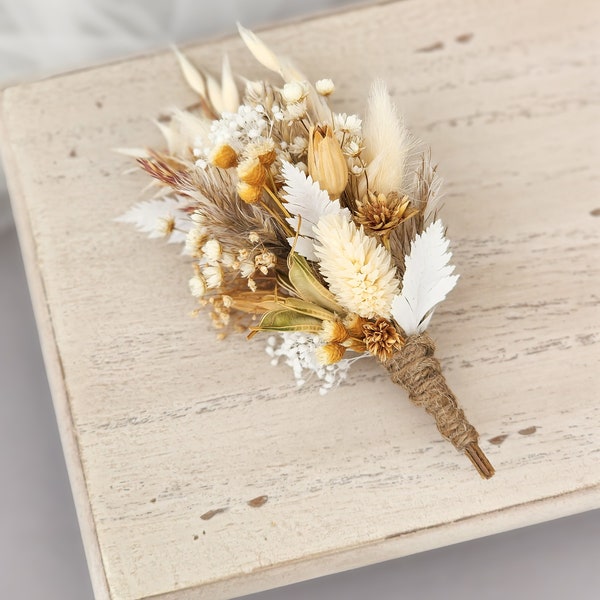 Cream & White Neutrals Dried Flower Boutonniere - Groom - Groomsman - Wedding - Bridal - Boho