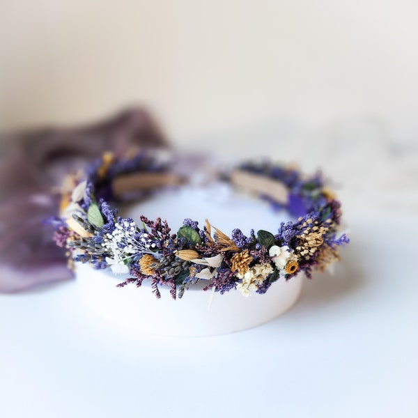 Lavender Flower Crown - Wildflower Bridal Halo - Purple White Wildflowers - Aesthetic Hair Accessory Flower Girl Bridesmaid Bohemian Cottage