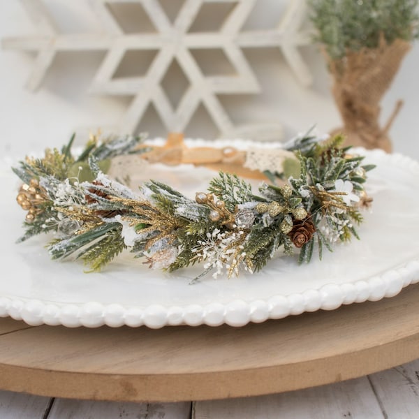 Winter Wonderland Christmas Holiday Winter Flower Crown - full halo -Fir - Pine- baby's breath - white flowers - pinecones - gems - Gold