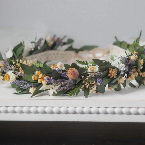 Dried Lavender & Eucalyptus Flower Crown, Romantic Floral Rustic Wedding Hair, Faerie Renaissance Hair Wreath for Bridesmaid Flower Girl