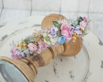 Pastel Halo Flower Crown with Dried Naturals - Pastel Rainbow Colors  Baby Breath - Rainbow Baby - Gold - Wedding Flower Girl - Fairy - Boho