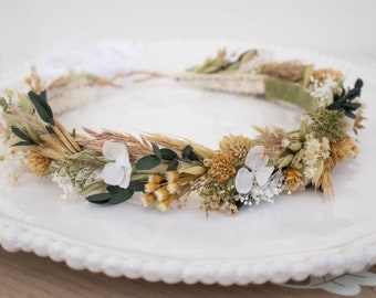 Boho Dried Flower Crown Halo Wreath - Dried Naturals - Oats - Babys Breath - Eucalyptus Wedding - Flower Girl - Preserved - Bridal Elopement