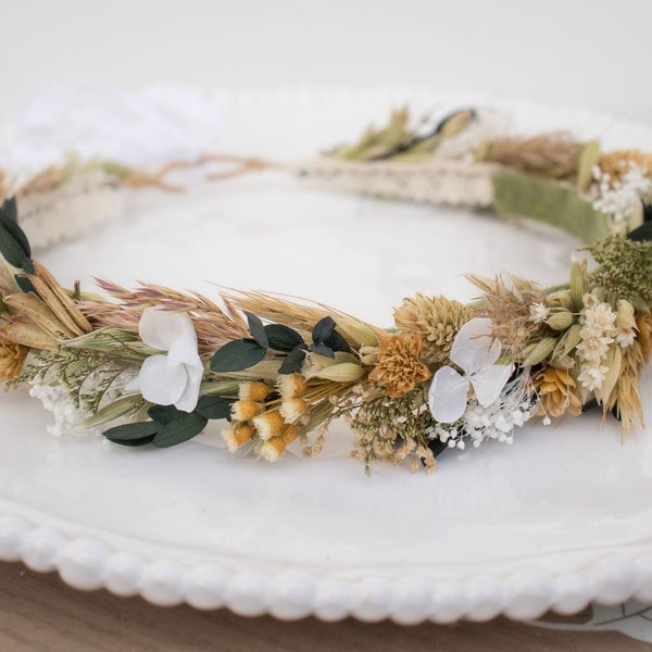 Spring 23 Dried Flower Crown Halo Wreath - Dried Naturals - Oats - Baby's Breath - Eucalyptus - Wedding Flower Girl - Boho - Preserved