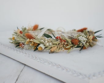 Orange and Green Dried Flower Crown Halo Wreath - Dried Naturals - Mustard - Baby's Breath - Bridal - Wedding Flower Girl - Boho - Preserved