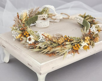 Dried Flower Crown, Autumn Halo Hair Wreath, Rustic Wedding Accessory, Mustard & Orange Oat, Flower Girl Bridesmaid Halo, Photography Prop,