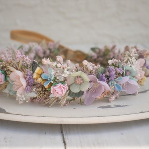 Spring Dried Halo Flower Crown Dried Naturals Pastel Rainbow Colors Baby's Breath Rainbow Baby Gold Wedding Flower Girl Boho image 2