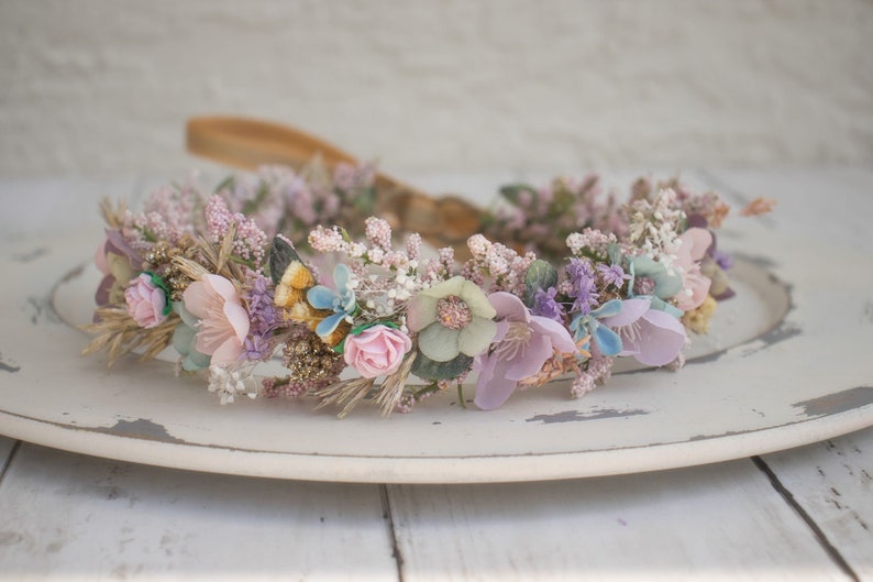 Spring Dried Halo Flower Crown Dried Naturals Pastel Rainbow Colors Baby's Breath Rainbow Baby Gold Wedding Flower Girl Boho image 2