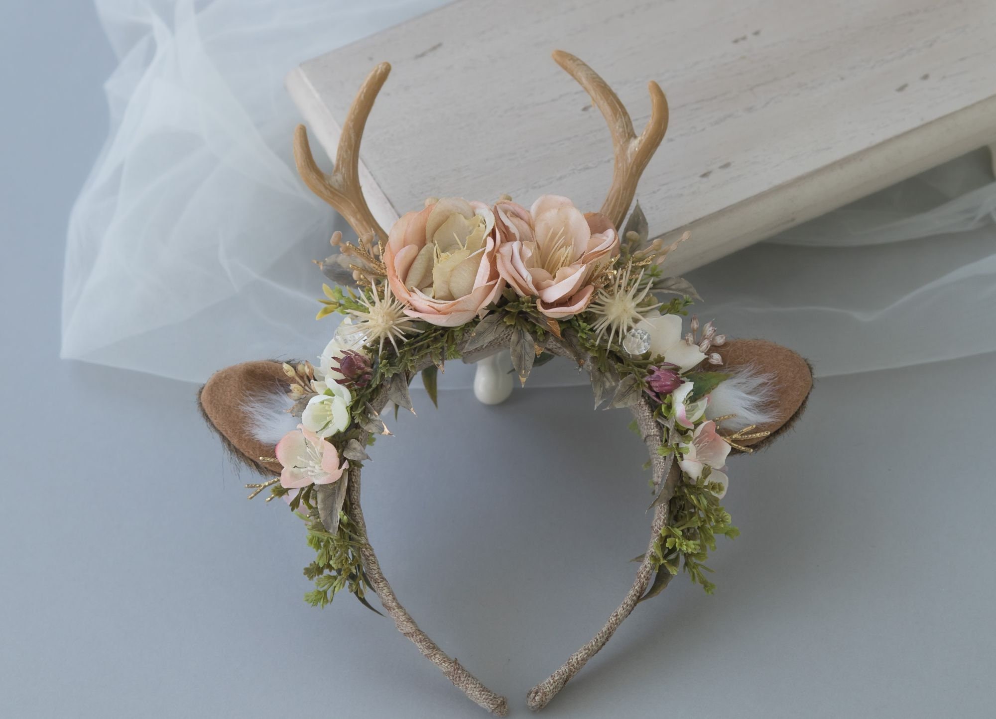 Antler Headband, Pink & Gold Flower Headband, Deer Costume Party Accessory, Halloween Hat, Fake Fur Ears,Fawn Cosplay, Renaissance Faire