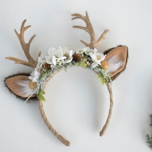 Christmas Holiday Antler Flower Headband...Winter Whites, Pinecones, Greenery with fur ears on a Hard Headband