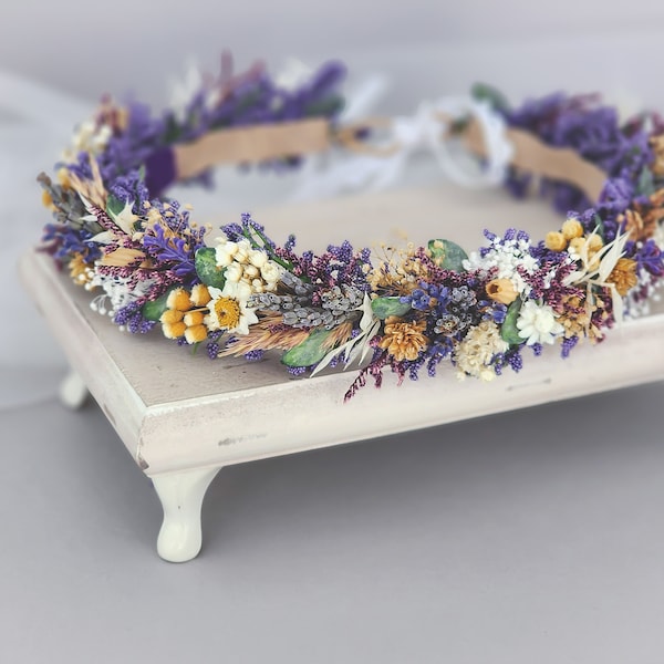 Lavender Flower Crown - Wildflower Bridal Halo - Purple White Wildflowers - Aesthetic Hair Accessory Flower Girl Bridesmaid Bohemian Cottage