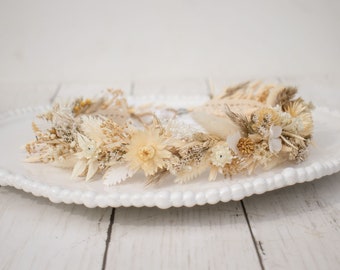 Cream & White Neutrals Dried Flower Crown Halo Wreath - Dried Naturals - Wedding - Bridal - Bridesmaid - Flower Girl - Hippie - Boho - Photo