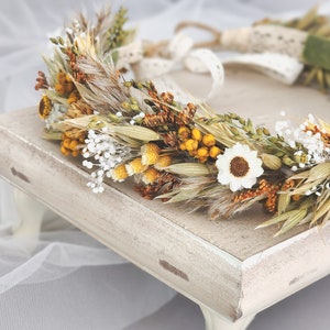 Dried Flower Crown Halo Wreath - Dried Naturals - Mustard & Orange - Baby's Breath - Bridal - Wedding Flower Girl - Boho - Preserved